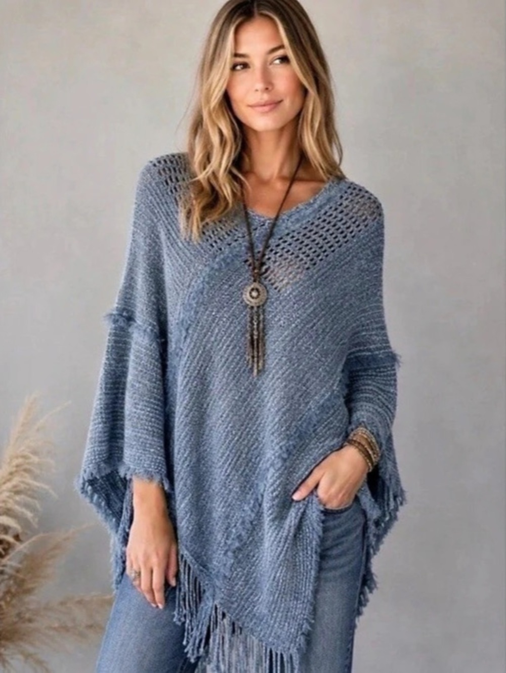 Natural Life Fringe Boho Knit Poncho in Blue One Size